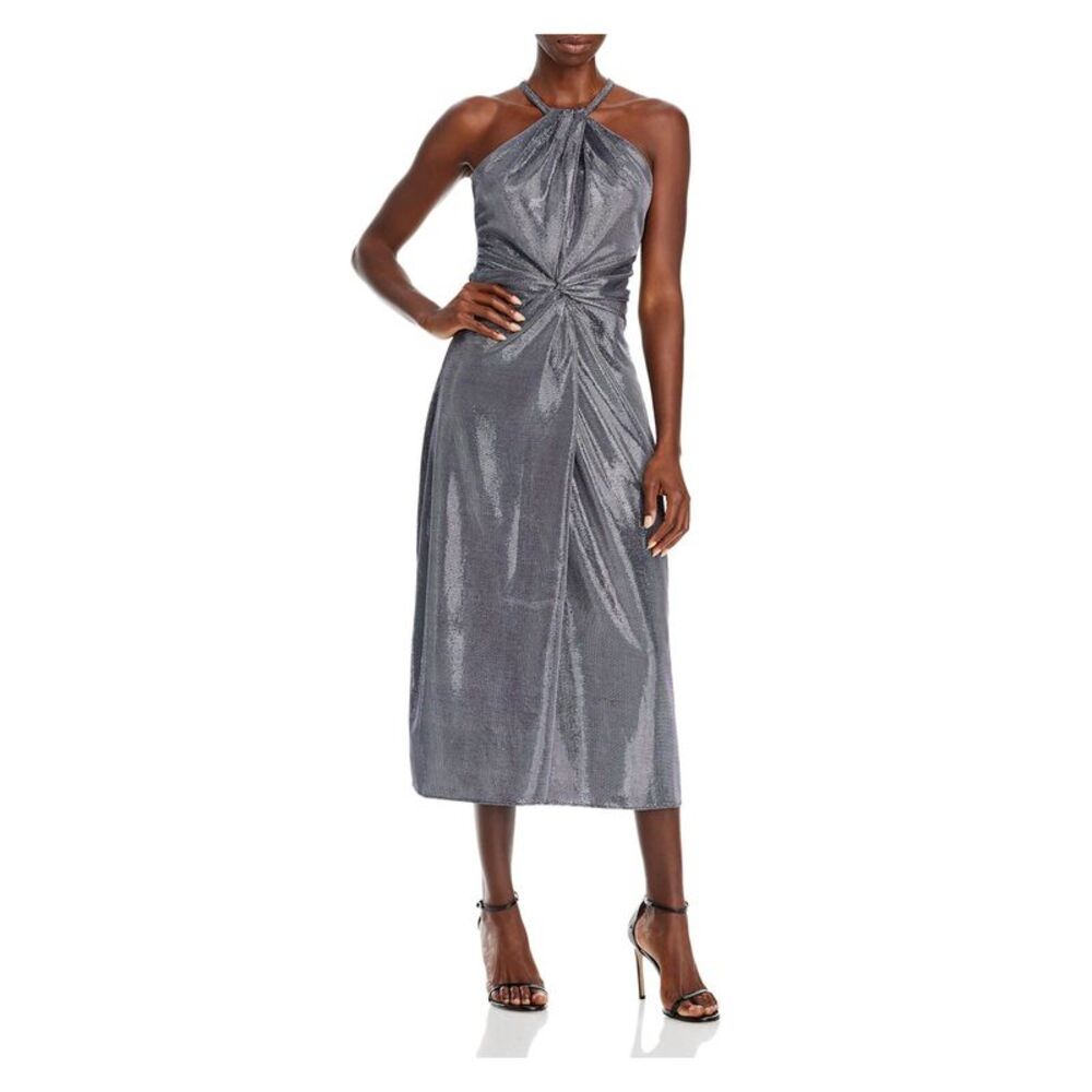 RAMY BROOK Womens Silver Twist Front Sleeveless Halter Midi Sheath Dress 12
